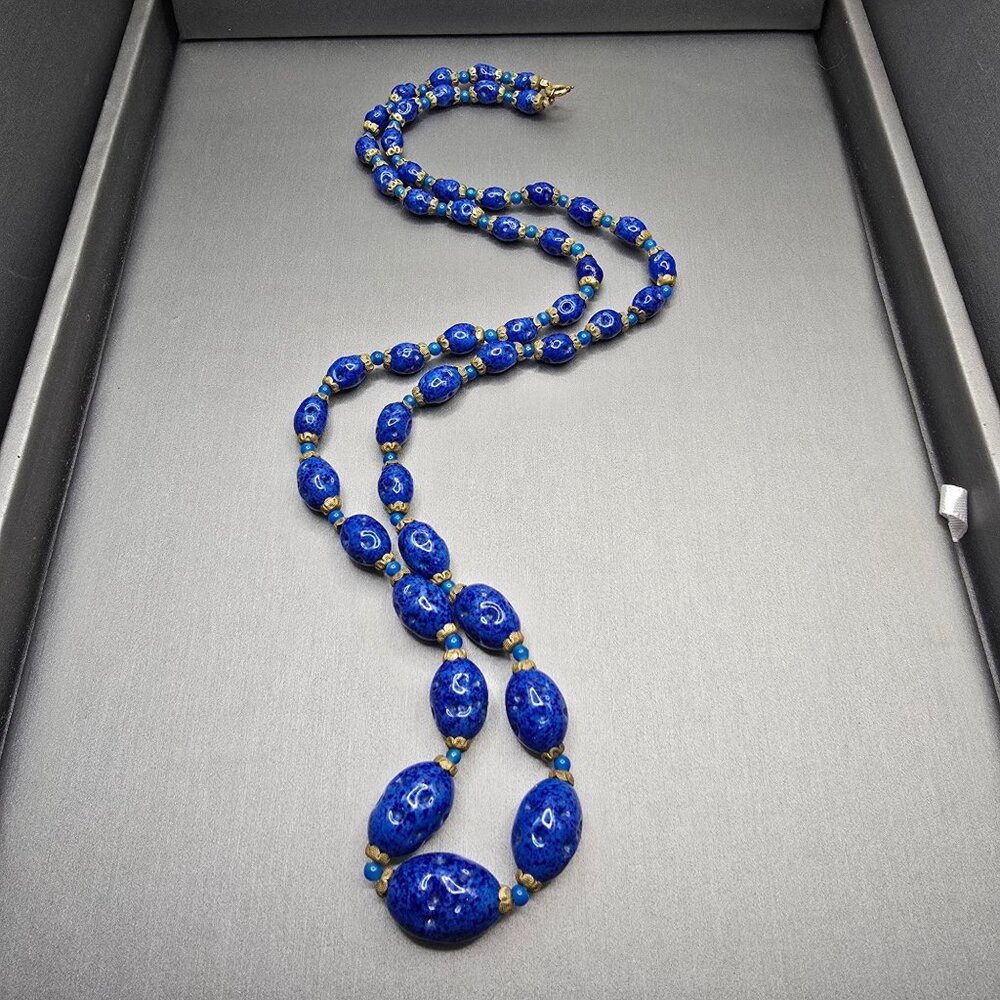 VTG Czech ‘Lapis’ Art Glass Necklace 26" Graduated Nugget Beads Brass Caps 1950s - Picture 11 of 12